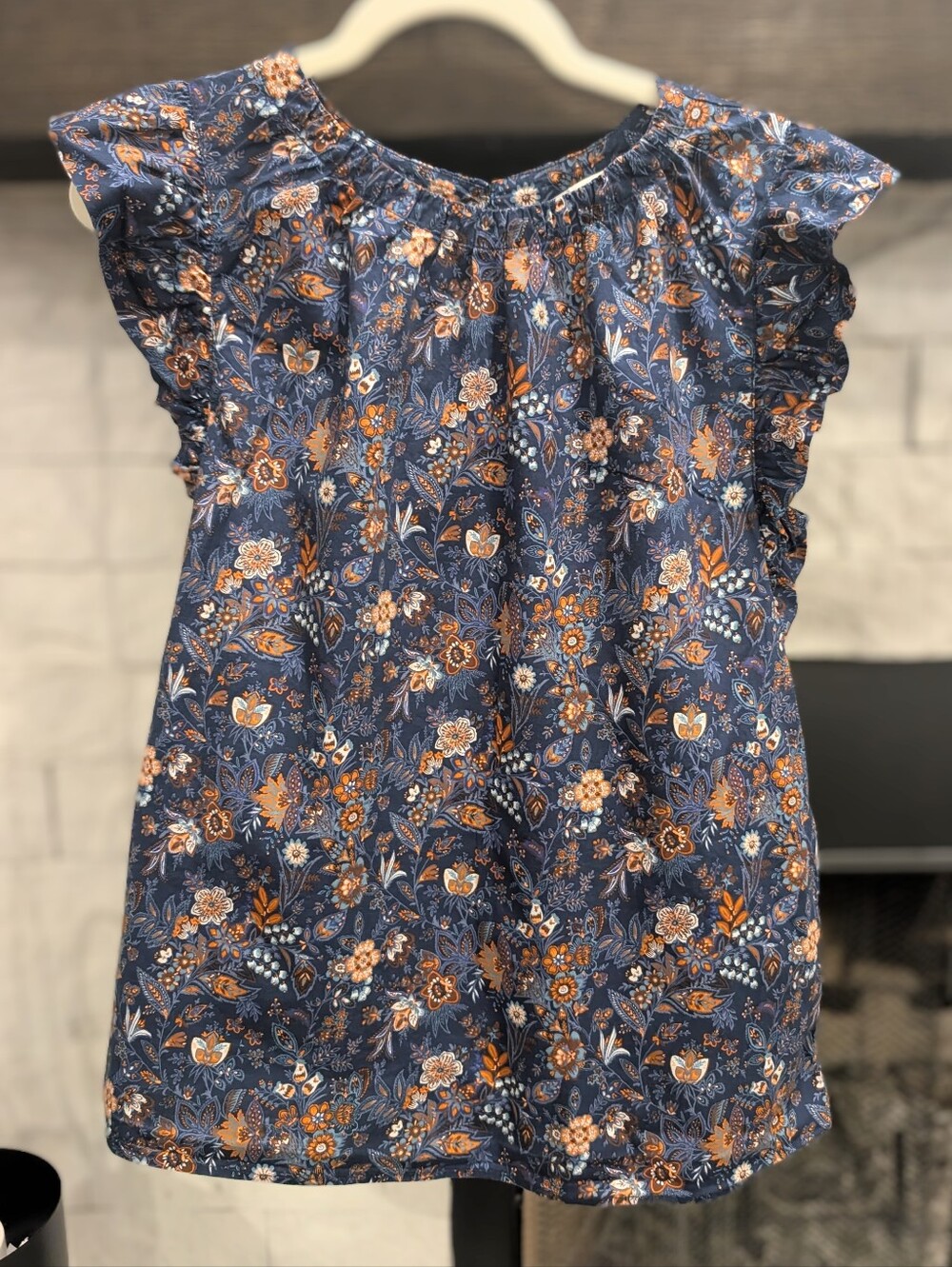 LOFT Navy Floral Ruffle Cap Sleeve Top - Picture 2 of 5